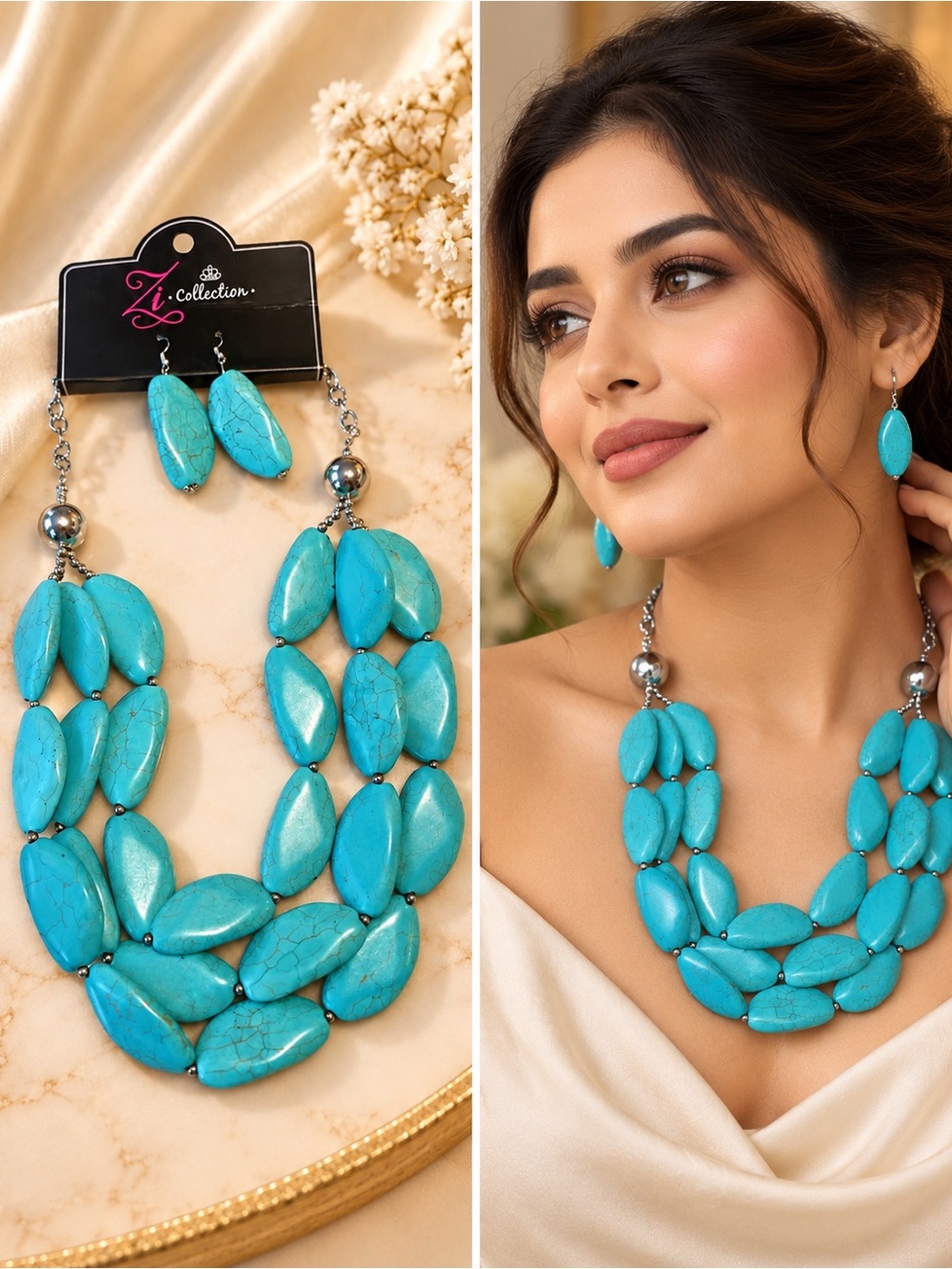 IC COLLECTION Turquoise Beaded Statement Necklace & Earrings Set